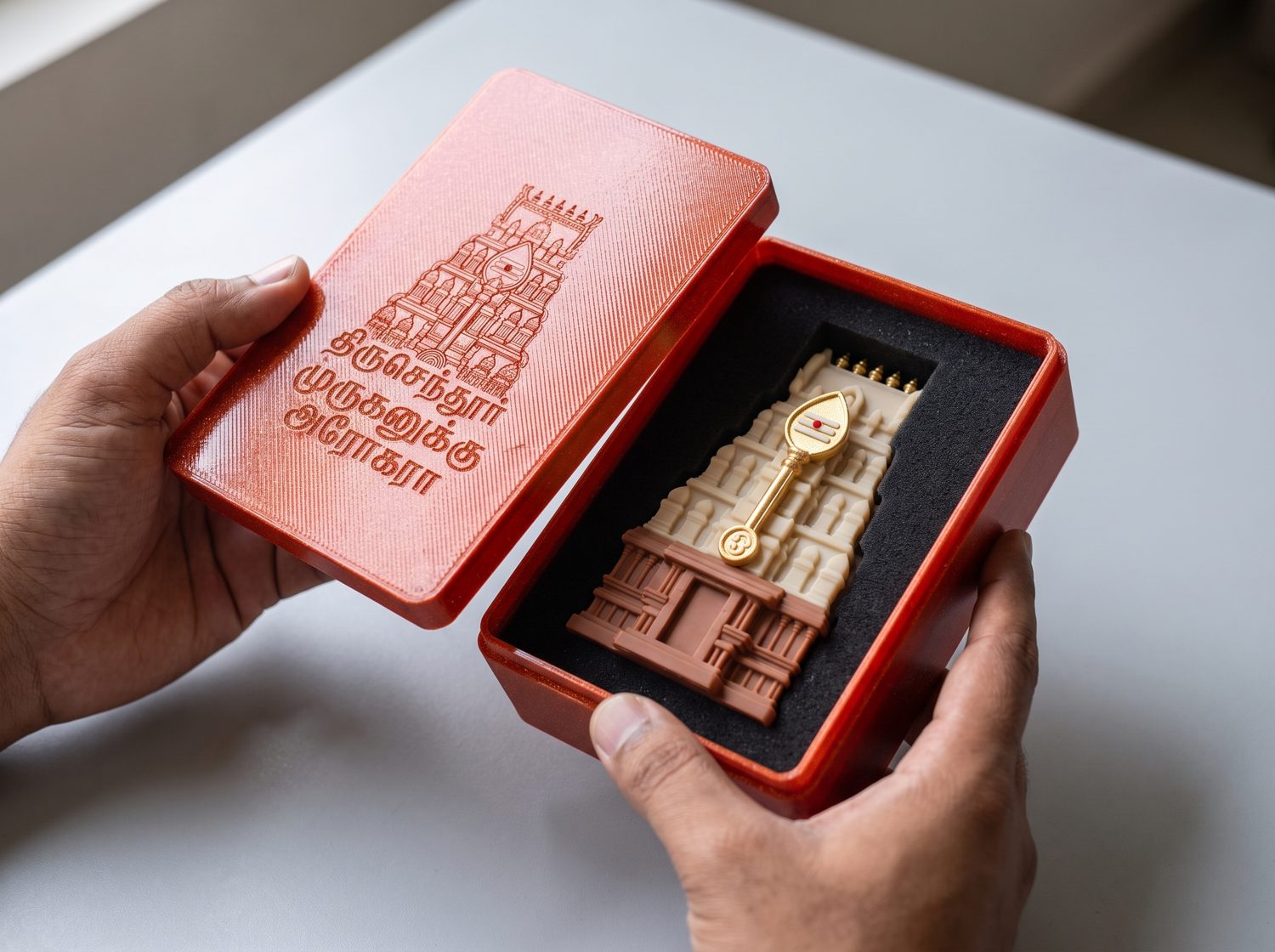 Opening the red engraved gift box with the Gopuram Manjal–Kumkum Holder in black foam