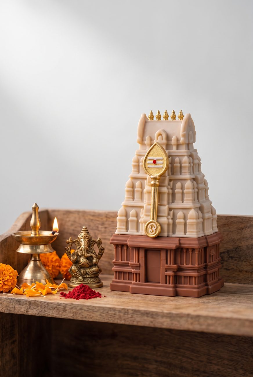 Gopuram miniature on a pooja shelf with a lamp and marigolds