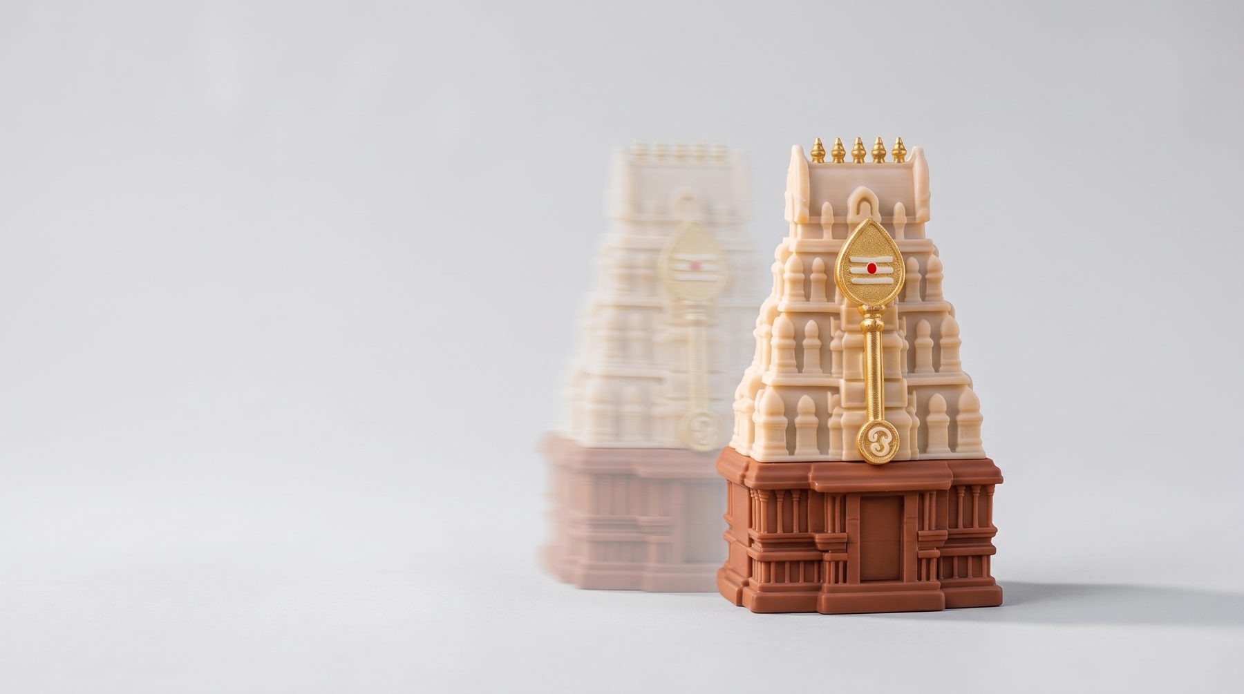 Gopuram Manjal–Kumkum Holder with its golden Vel, on a light backdrop