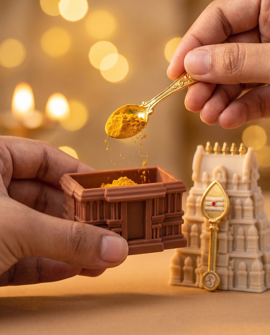 Filling the base of the Gopuram Manjal–Kumkum Holder with manjal using a small gold spoon