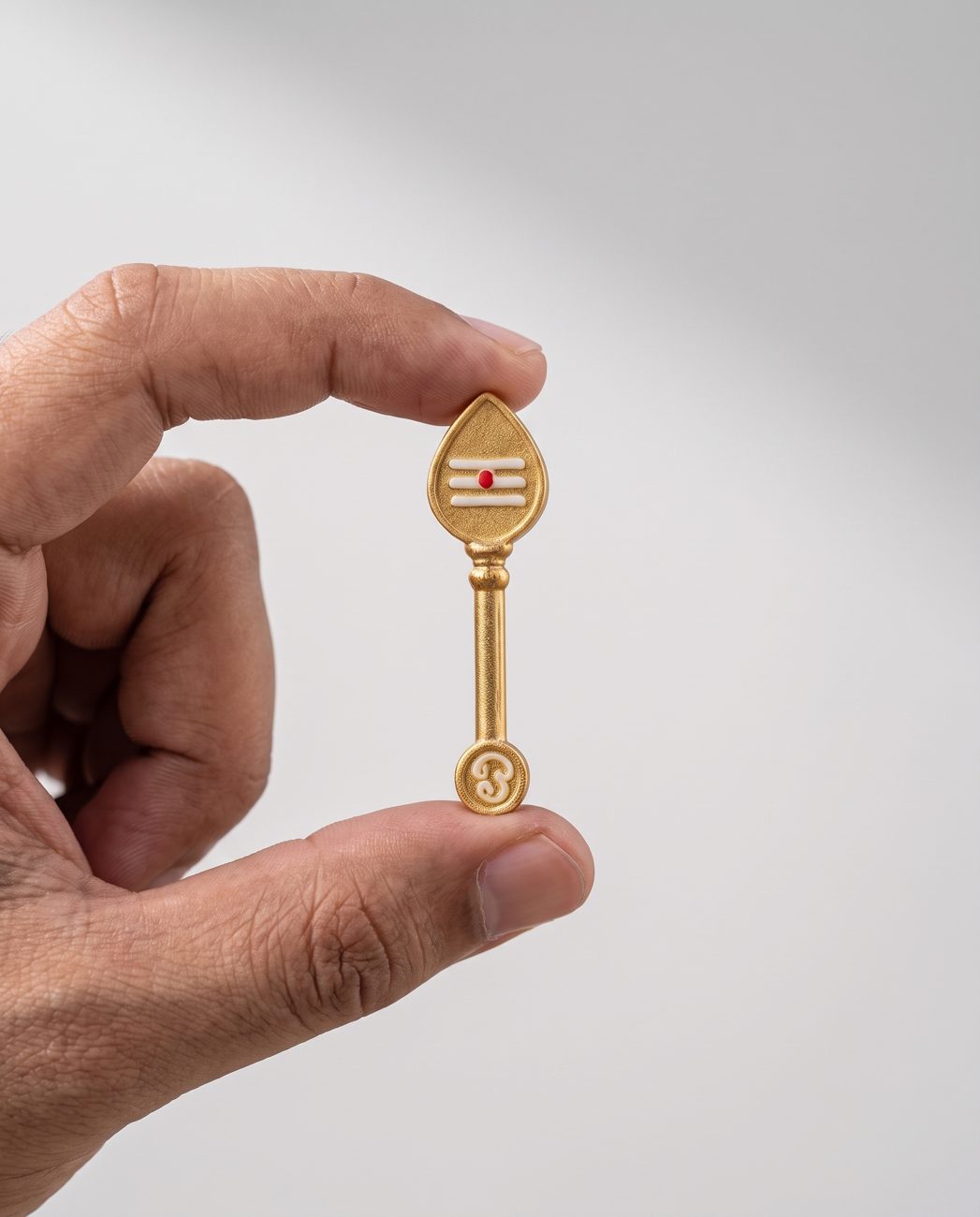 A golden Vel held between two fingers
